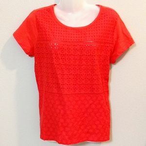 ⭐HANNAH Eyelet Lace Blouse, Stretch Fabric Back & Sleeves ★L★Orange/Red